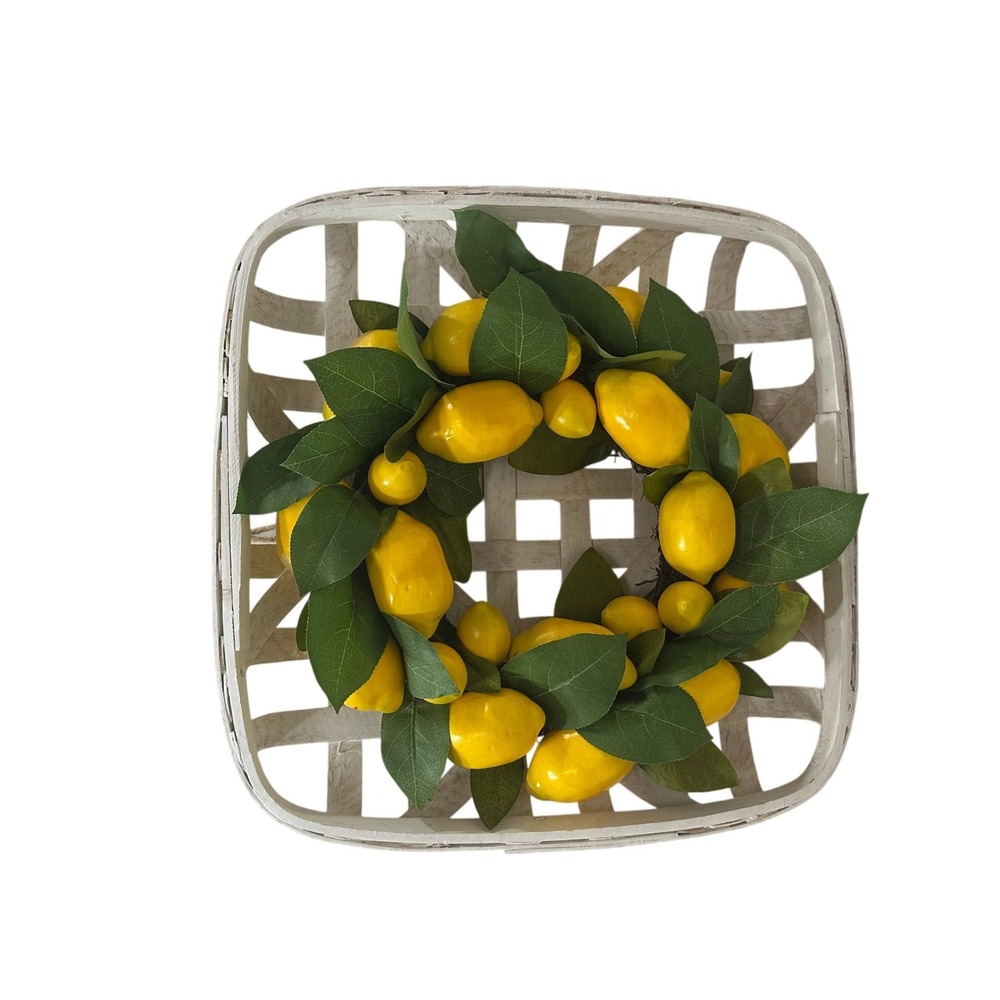 Lemon Wreath in White Tobacco Basket Farmhouse Wall Decor 18x18 Yellow Citrus